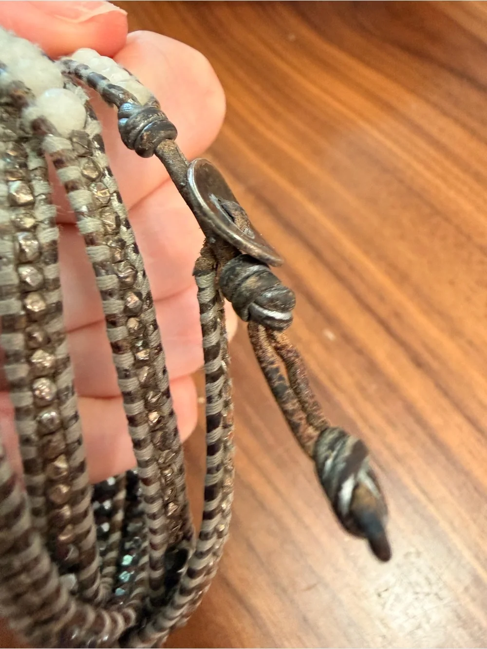 Chan Luu Wrap Bracelet Silver Tone and White Faceted Beads Gray and Brown